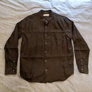 Black Linen Band Collar Shirt, US M
